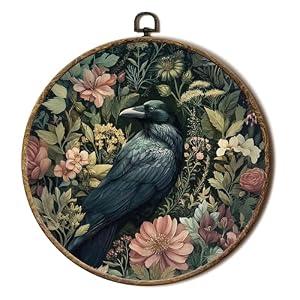 FSTCSV Black Raven Crow Round Wall Art Framed, Dark Gothic Cottagecore Raven Canvas Prints Wall Hanging Art, Vintage Retro Flower Black Crow Circle Walls Decor for Home Bedroom Living Room, 10x10in
