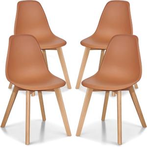 VECELO Dining Chairs Set of 4, Mid-Century Modern Kitchen & Dining Room Chairs, Molded Plastic Seat & Back, Solid Wood Legs, Armless, Non-Slip Feet, Orange