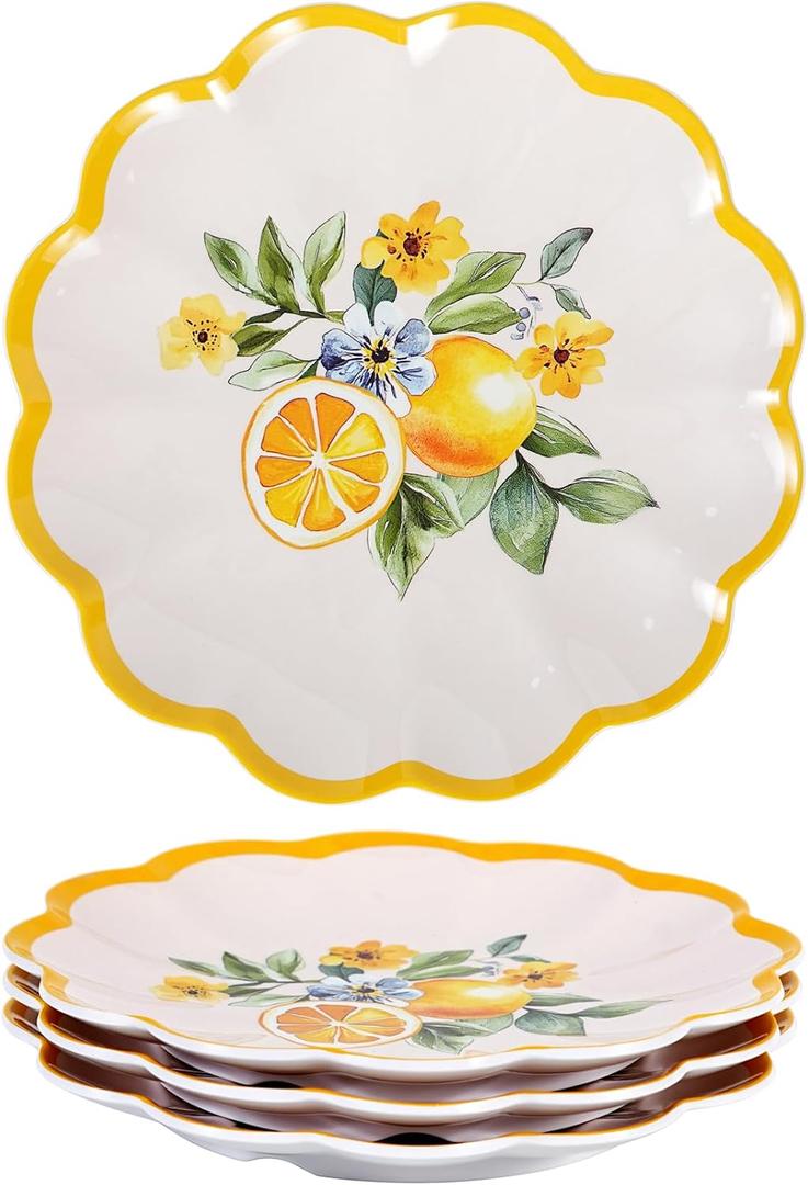 4-Piece Melamine Dinnerware Set 9 Inch Lemon Design, Shatterproof, Lightweight Plates for Daily Use, Dishwasher Safe, Spring Decoration Lemon-Themed Plates