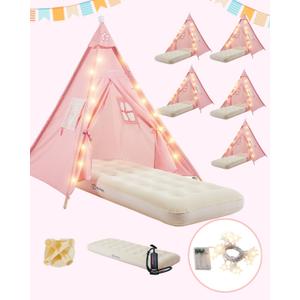 6 Pack Teepee Tent for Kids with Inflatable Airbed, Light, Toddler Playents Children Room Tents, Slumber Party Sleepover Tents, Indoor Outdoor Kids Playtent Playhouse for Girls & Boys (Pink)