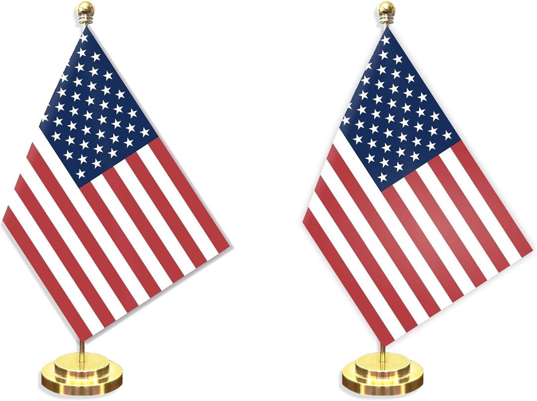 2 Pack USA American Desk Small Flag Set,58 Inch America Mini Desktop Table Banner,12" Metal Solid Pole Decor,Tiny Digital Printed Polyester Banner With Golden Base
