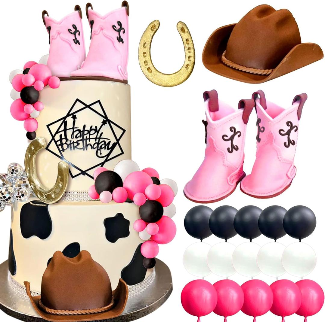 JeVenis Cowgirl Cake Topper Western Cake Decorations Cowgirl Baby Shower Cowboy Hat Birthday Cake Topper Pink Balls Cake Topper Cow Balls Cake Topper