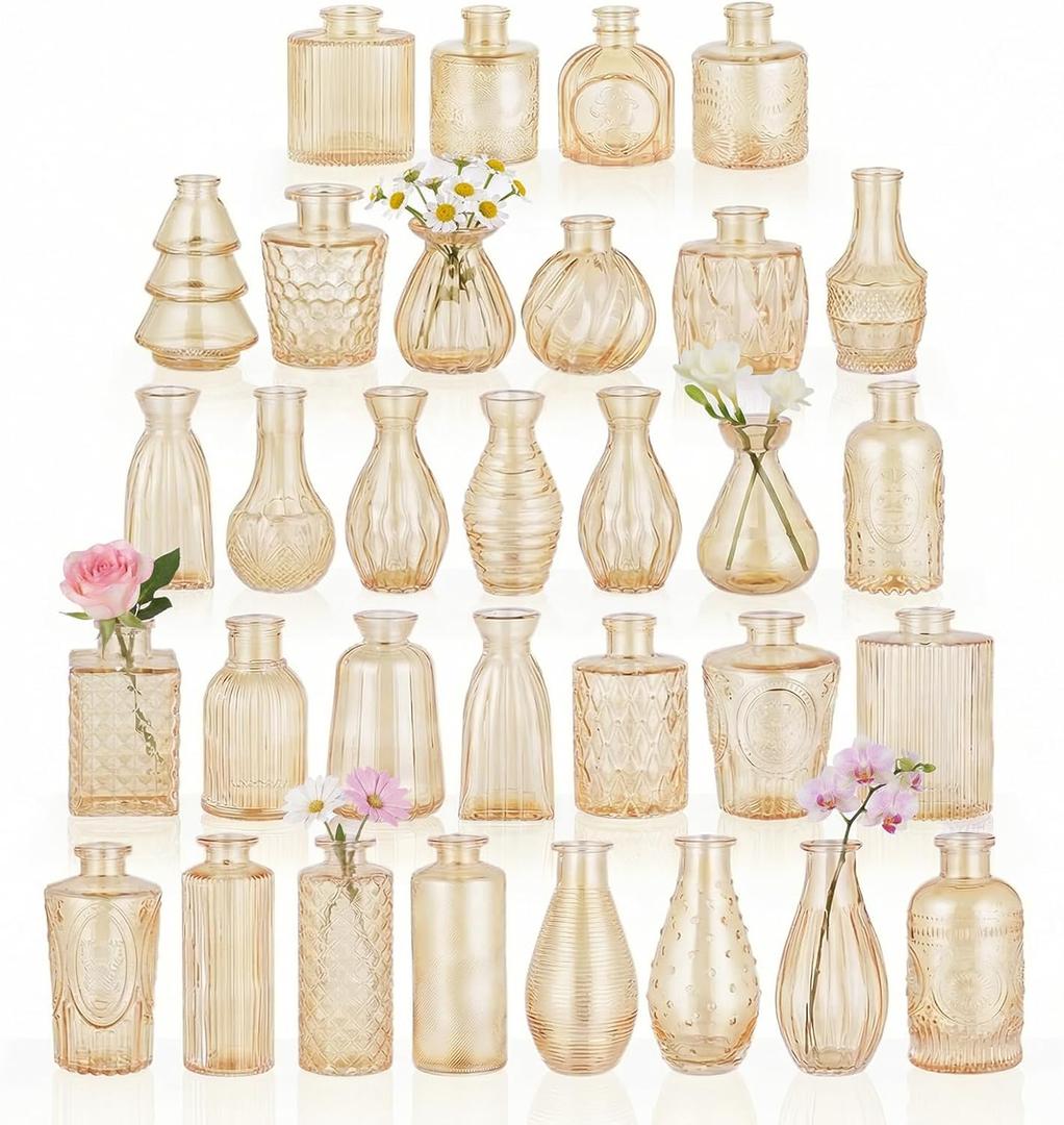 BEAHOT 32 Pack Gold Flower Vase in Bulk,Mini Vintage Glass Bud Vases for Centerpieces,Wedding Decor,Party & Home Decaration,Mother's Day (Gold)