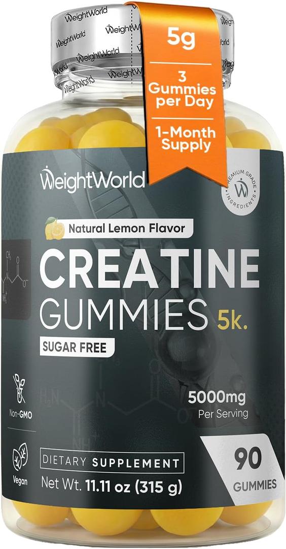 WeightWorld Sugar Free Creatine Gummies 5g (5000mg) | Pre & Post Workout Gummy | 90 Vegan Creatine Monohydrate Gummies for Men & Women (1 Month Supply) - 3 per Day | Non-GMO, Natural Lemon Flavor, BBD: 12/2027