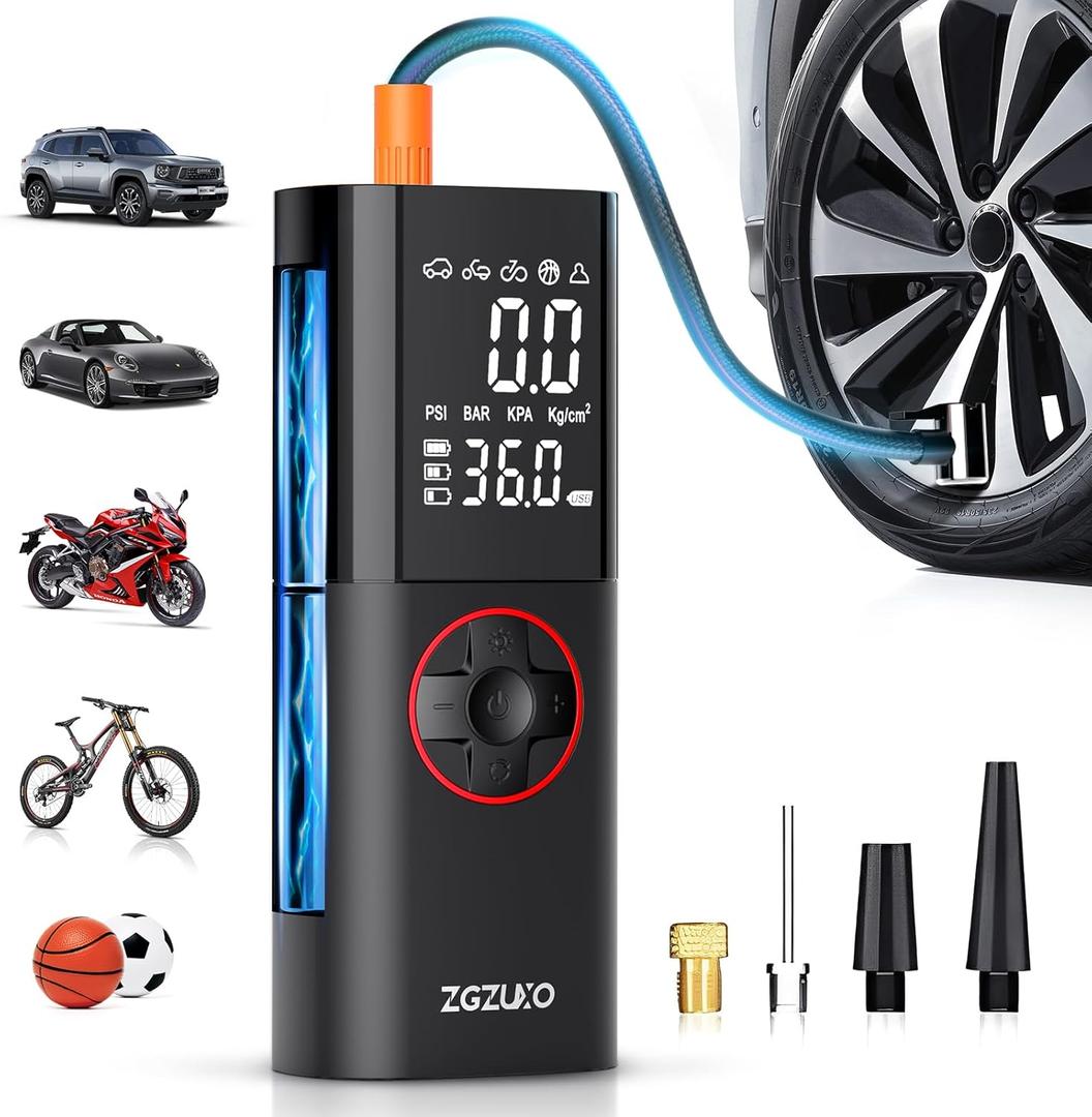 Tire Inflator Portable Air Compressor, 150PSI Rechargeable Air Pump for Car Tires with Battery, Cordless Tire Pump with Pressure Gauge & LCD Dual Screen, for Cars, Motorcycles, Bikes, Balls (Red)