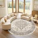 Round Rug Living Room Rugs: 8Ft Washable Boho Neutral Large Circle Soft Indoor Floral Stain Resistant Floor Farmhouse Carpet for Bedroom Nursery Kids Playroom Office Dining Room Dorm Home- Beige Brown