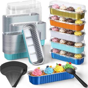 Blushtier 540 Pcs Mini Loaf Pans with Lids and Spoons 6.8 oz Blue and Orange Rectangular Aluminum Foil Baking Pans Mini Cake Tins for Baby Shower Birthday Graduation Party Decoration