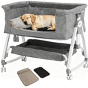 Bedside Dog Bed Co Sleeper- 6-Level Adjustable Elevated Dog Bassinet for Small Medium Dogs & Cats, Pet Bed Attachment to Human Bed, Lockable Wheels, 2 Removable & Washable Cushions