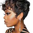 Pixie Cut Wigs Black And Brown Ombre Wig Linen Short Curly Wigs With Bangs Short Brown Wig Ombre Pixie Cut Wigs For Black Women(Black Mixed Brown)