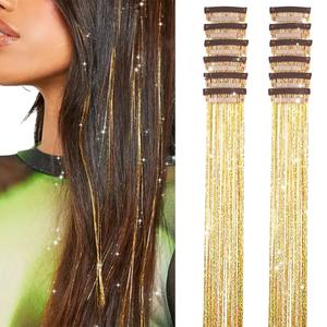 Gold Hair Tinsel Pack of 12 Pcs Clip in Hair Tinsel 20 Inch Glitter Tinsel Hair Extensions, Festival Tinsel Fairy Hair Extension Party Dazzle Hair Accessories Strands Kit (12Pcs,Gold#)