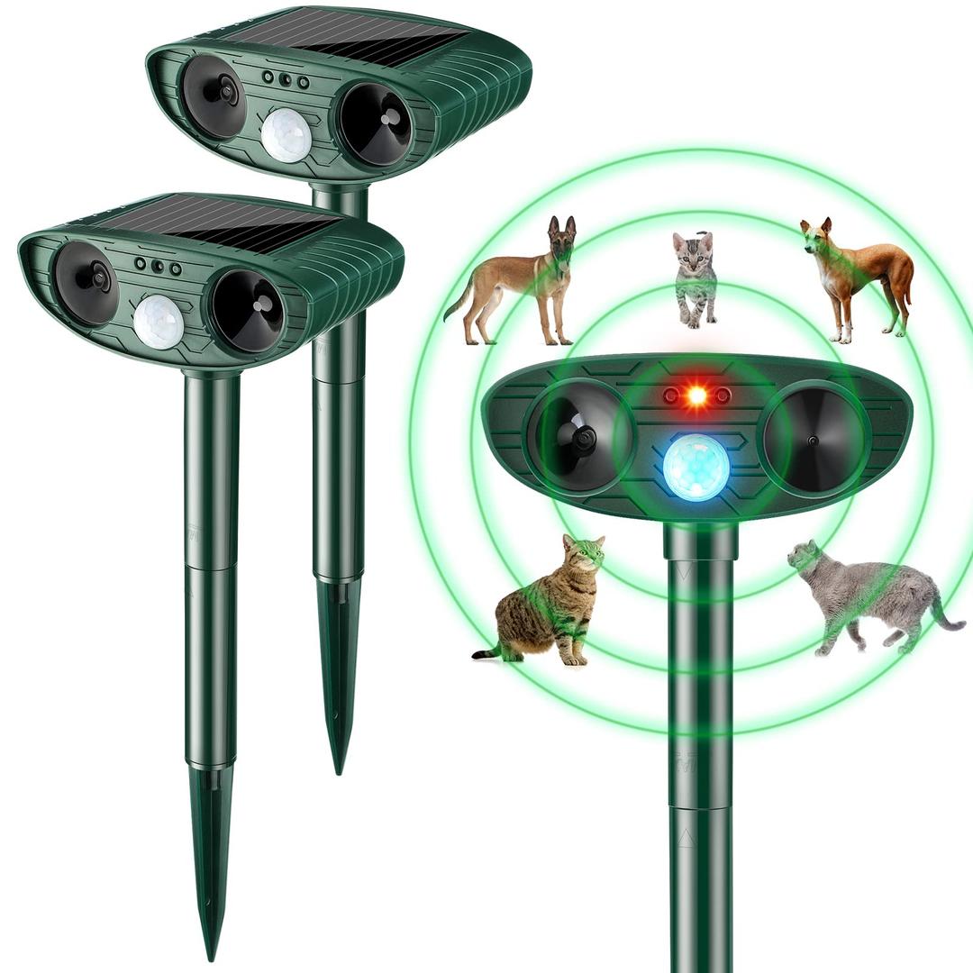 Kittmip Ultrasonic Animal Repellent Outdoor Solar Powered Repeller Deterrent Waterproof Motion Sensor Animal Deterrent (2, Green)