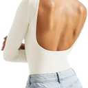 SUUKSESS Women Backless Y2k Long Sleeve Bodysuit Double Lined Open Back Sexy Basic Top, S, Pearl