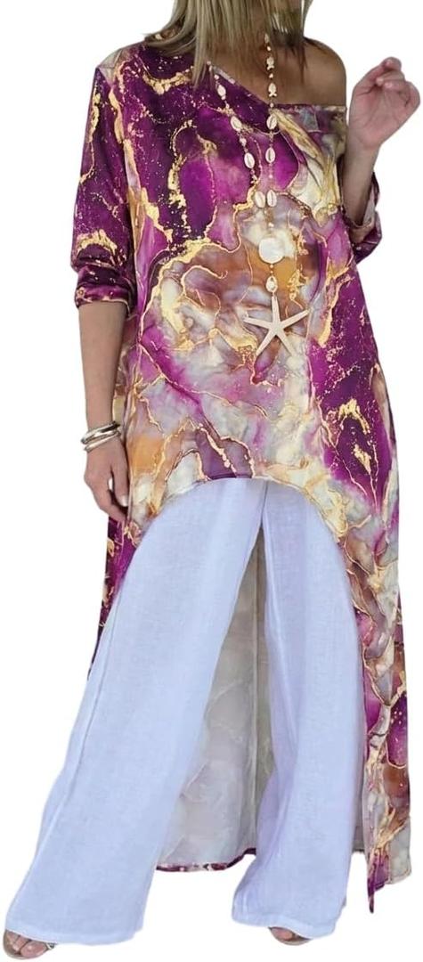 CHICME Womens Summer Tops Floral Print Off Shoulder High Low Tunics Dressy Casual Asymmetrical Blouse Cover ups S