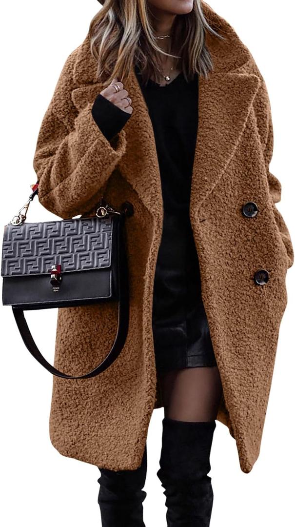 BTFBM Women Winter Faux Fur Coats 2026 Lapel Long Sleeve Fuzzy Fleece Outerwear Button Down Sherpa Jackets Fall Outfits(Golden Camel, Medium)