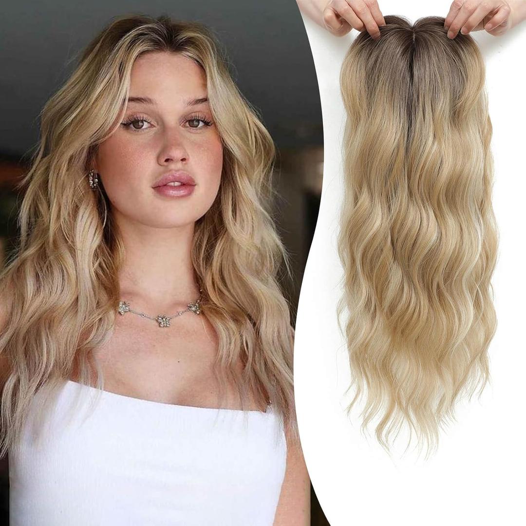 MORICHY Hair Toppers for Women Clip in Hair Topper with Bangs 20inch Buttery Blonde with Highlights Long Wavy Curly Synthetic HairPieces for Women (R6/26k/60#)