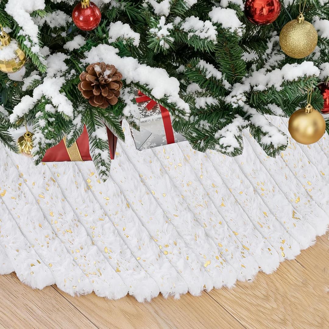 Christmas Tree Skirt 24 Inch Mini Faux Fur Plush Striped Textured Tree Skirt for Xmas Tree Ornaments Holiday Party (White & Gold)