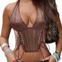 Women's Y2K Leather Halter Corset Tops Backless Shapewear Top Slit Grommet Eyelet Lace Up Party Tank Club Outfits (X-Large, Brown)