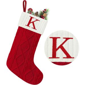 Senneny Christmas Stockings with Initials, 20 Large Embroidered Monogram Knitted Stockings for Family, Kids, Xmas Holiday Party Gifts & Decoration for Fireplace, Letter K