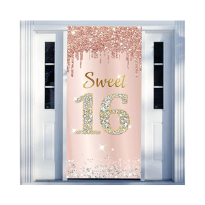 Sweet 16 Birthday Door Banner Backdrop Decorations for Girls, Pink Rose Gold Happy 16th Birthday Party Door Cover Sign Supplies, Sixteen Year Old Birthday Poster Photo Booth Props Decor