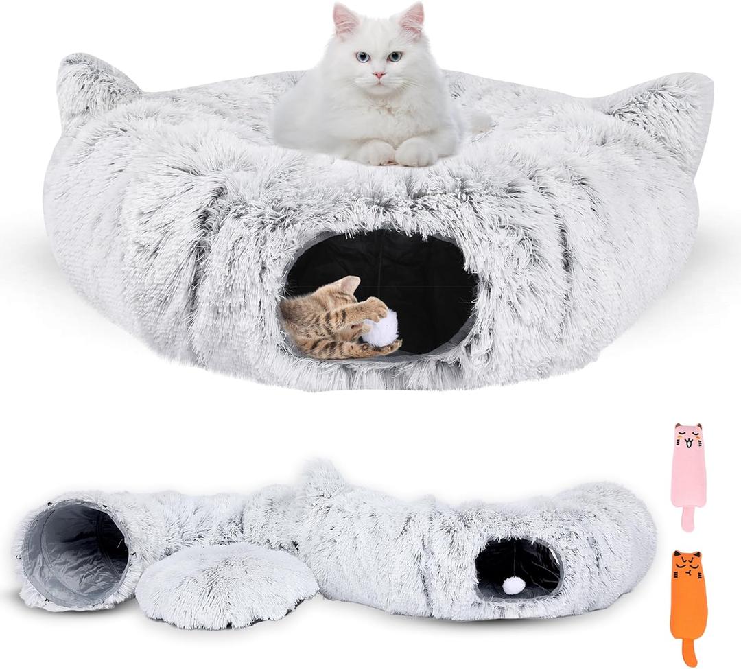 Interactive Cat Toys for Indoor Cats  3-in-1 Cat Tunnel Bed with 2 Catnip Toys, Peekaboo Cat Cave & Donut Tunnel, Foldable Interactive Toy for Kittens & Small Pets, 32"