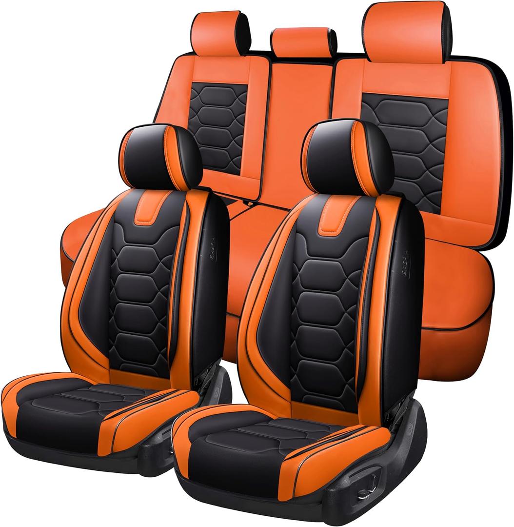 OASIS AUTO Car Seat Covers Premium Waterproof Faux Leather Cushion Universal Accessories Fit SUV Truck Sedan Automotive Vehicle Auto Interior Protector Full Set (OS-004 Orange)