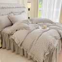 mixinni Vintage Ruffle Tan Gingham Comforter Set 3-Piece Washed Cotton Queen Beige Grid Bedding Set with Taupe Geometric Checkered Pattern, Farmhouse Chic Soft Fluffy Comforter for All-Season