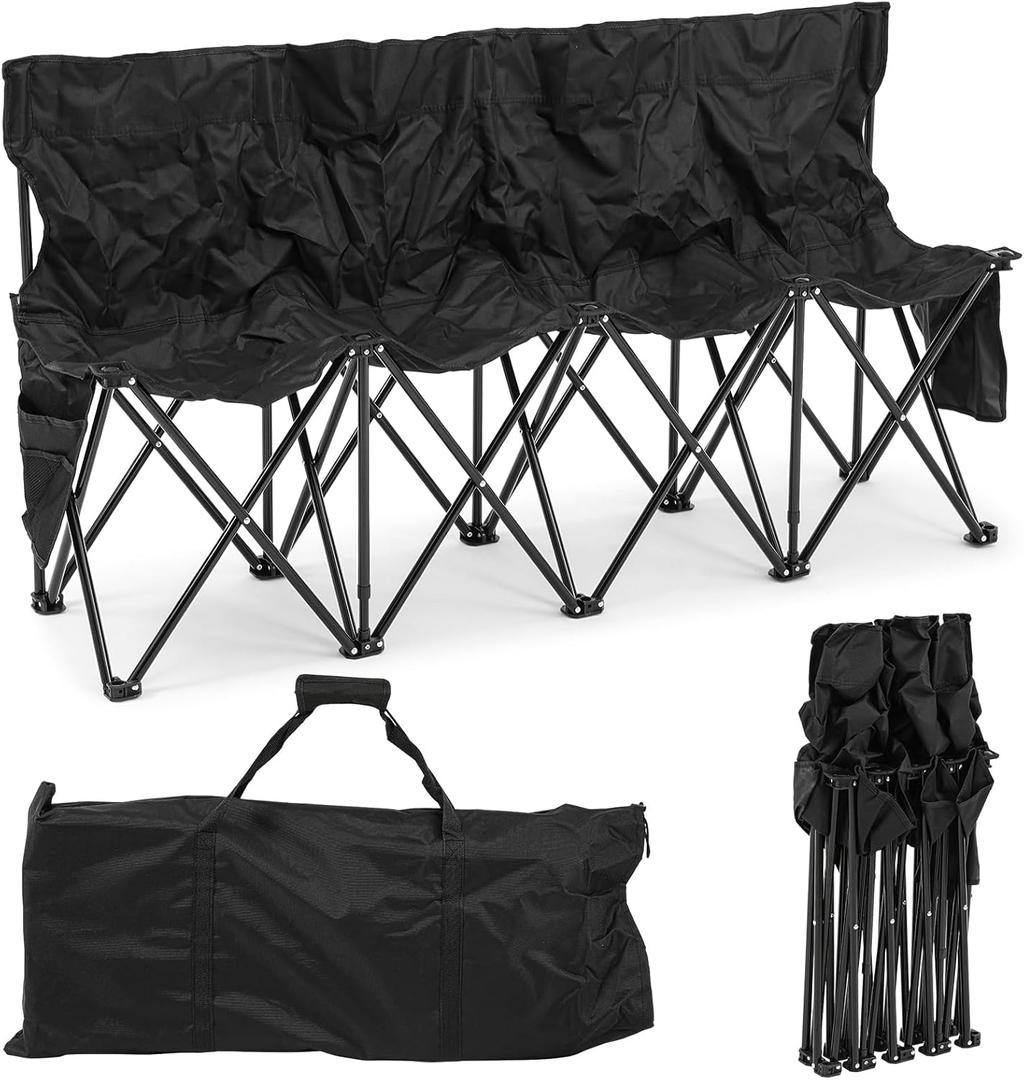 Kigley Portable 4 Seat Soccer Bench Chairs Foldable Team Sports Bench with Pockets and Carrying Bag for Camping Soccer Sports Team Basketball Football Practice Games(Black,1 Pcs)