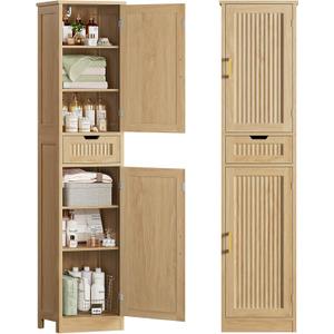 Iwell Tall Narrow Storage Cabinet with 1 Drawer and 2 Doors, Fluted Cabinet with Adjustable Shelves, Rattan Kitchen Cabinet for Bathroom, Living Room, Kitchen, Natural Oak, 67"H
