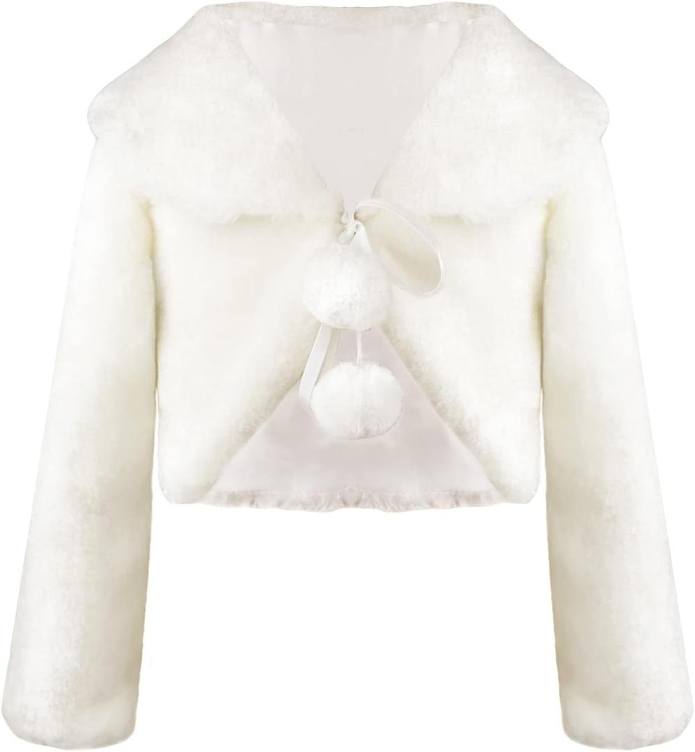 Flower Girl Dress Coat,Girl Cozy Faux Fur Bolero Shrug Accessories Princess Cape (White)