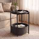 Garden 4 you Side Table with Fabric Storage Basket, Round Metal End Table, Small Bedside Table Nightstand with Removable Tray, for Nursery, Living Room, Bedroom, Bathroom, Black, 1 PC