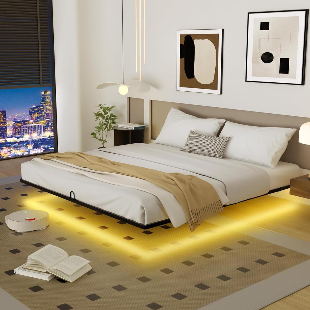 King Size Floating Bed Frame with Smart LED Lights, Metal Platform Bed