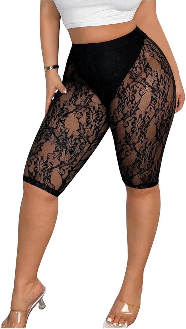 Women's Plus Size Floral Lace High Waisted Shorts Sheer Mesh Casual Leggings (XX-Large Plus, Black)