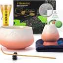 TEANAGOO 7 Pcs Matcha Whisk Set,Pink Matcha Set, Matcha Kit for Ceremony, Matcha Tea Set for Making Breakfast/Latte, Matcha Whisk and Pink Bowl with Scoop&Sifter, Gift for Matcha Lover (Ceremonial-grade Set, Gradient Pink White S1)