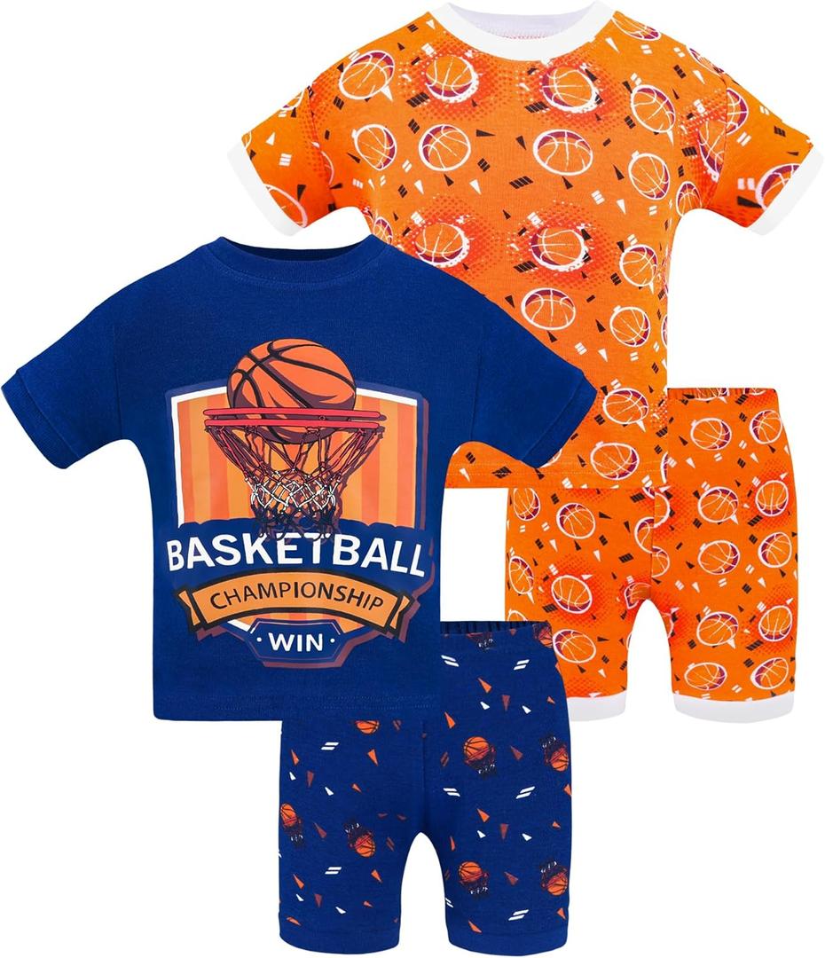 DAUGHTER QUEEN Boys Summer Pajamas Set 2 Pieces 100% Cotton Sleepwear Size 18 Months-12 Years (7, 4pcs-navy/Orange-basketball-sba24)