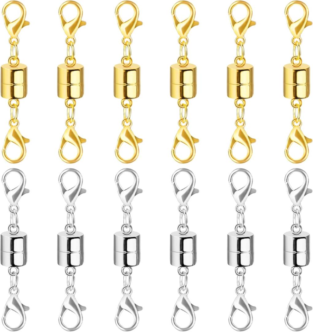 Magnetic Necklace Clasp and Closures with Double Lobster Clasp, 14K Gold and Silver Necklace Extenders for Women Jewelry Magnetic Clasps for Necklaces, Bracelet Necklace Extender(12PCS)