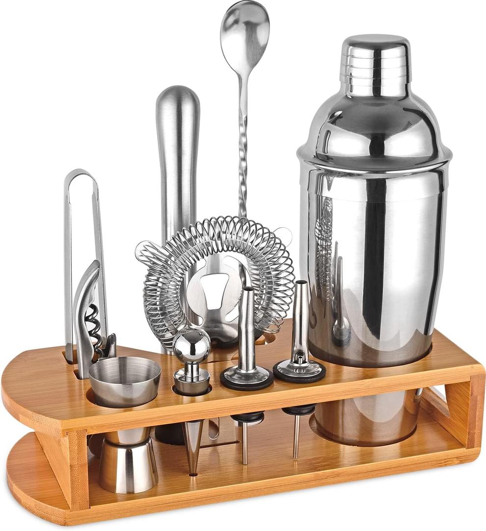 Cocktail Shaker Set Bartender Kit : 12-Piece Bar Tool Set with Bamboo Stand | Bars Set with All Practical Bar Accessories, for Drink Mixing, Bar, Home, Lounge & Party (Silver)
