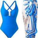 One Piece Swimsuit Women with Cover Up Set Retro Bathing Suit for Women Tummy Control Beach Wrap Skirt (X-Large, Blue)