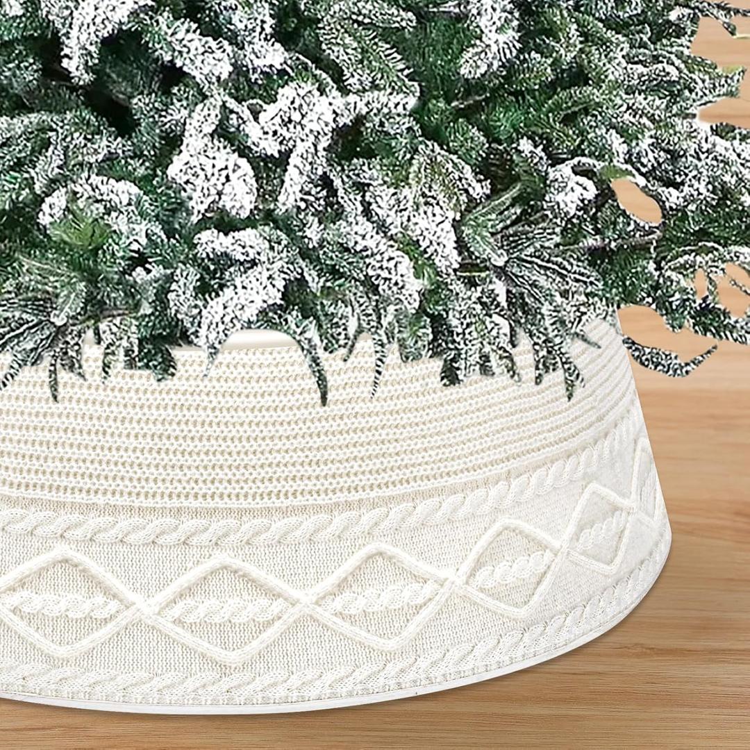 Malier Christmas Tree Collar - White Knit Xmas Tree Collar for Artificial Trees, Tree Stand Base Cover, Farmhouse Christmas Tree Ring Skirt for Home Decor (Cream White, 36')