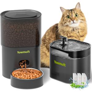 Automatic Cat Feeder & Cat Fountain, 3L Timed Cat Food Dispenser for Dry Food, 10 Portions 1-4 Daily Meals Auto Cat Feeder with Desiccant Bag, Cat Water Dispenser with Filter, Wire or Battery Powered