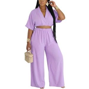 Choichic 2 Piece Sets for Women Summer Batwing Sleeve Crop Top and Wide Leg Pants Set Jumpsuits Beach Vacation Outfits (XL, Purple)