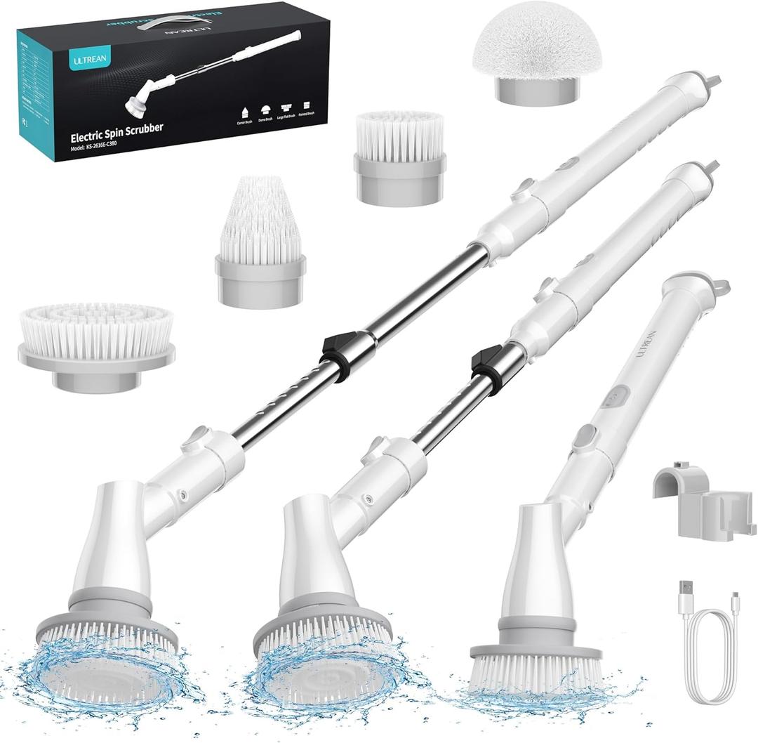 Ultrean Spin Brush, Cordless Electric Spin Scrubber with 4 Replaceable Brush Heads Adjustable Extension Handle, 2 Speed Shower Scrubber for Cleaning Bathroom, Tile, Floor, Tub (White)