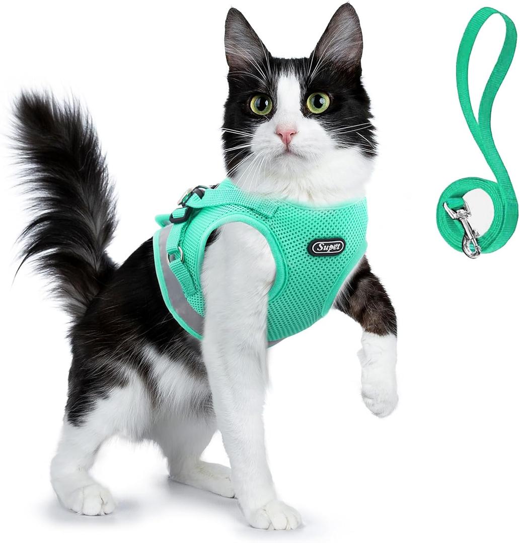 Supet Cat Harness and Leash Set - Soft Mesh Adjustable Cat Vest Harness with Reflective Strap for Walking Cat and Puppy Rabbit (S (Chest: 9.5" - 13.0"), Turquoise)