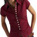 Women's Short Sleeve Button Down Shirt Summer Collared Blouse Trendy Casual Tops 2026 (Red, L)