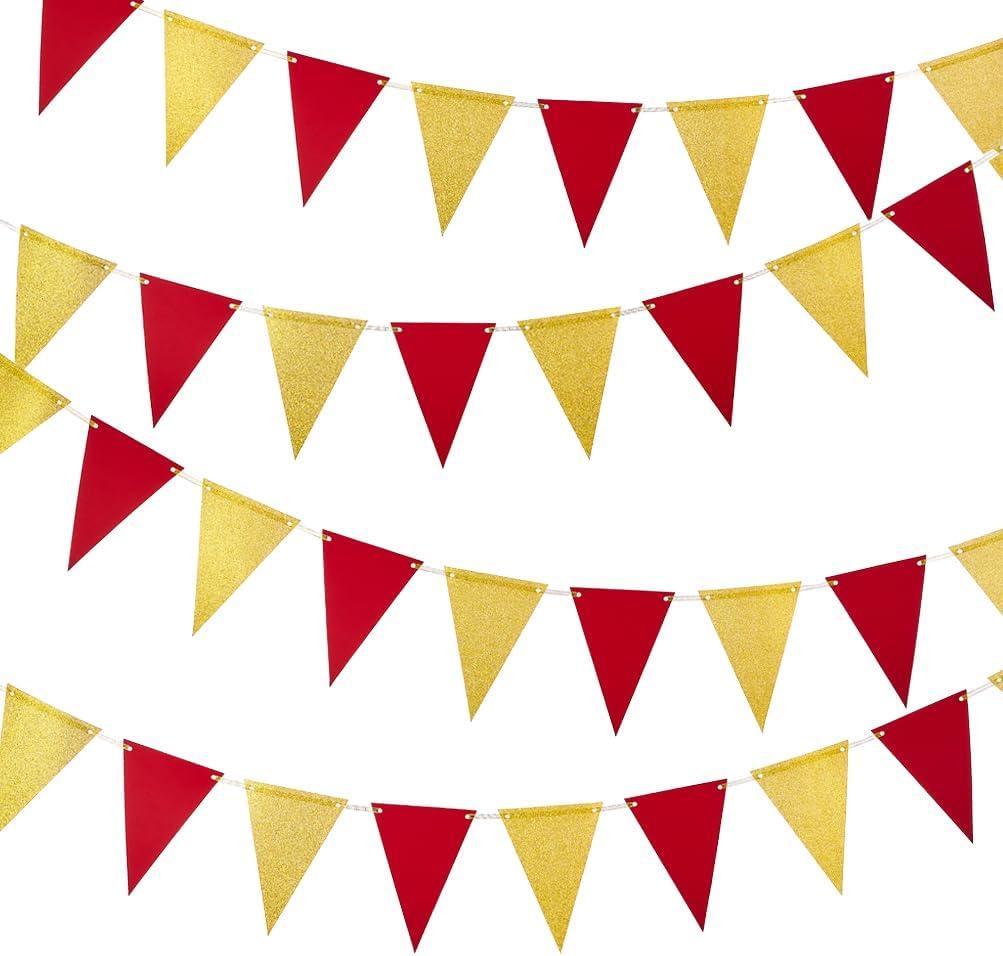 MOWO Gold Red Pennant Banner Paper Bunting Hanging Decoration for Birthday Graduation Retirement Party, Pack of 30 Counts Pennant, 20 feet