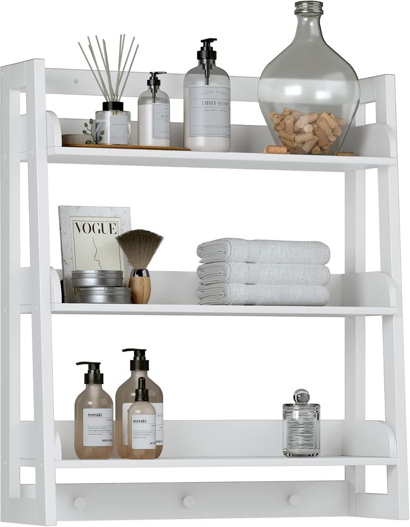 UTEX Bathroom Wall Shelf, Over Toilet Storage Shelf Organizer, 3-Tier Wall Mount Shelf Rack with Hook, White, 19.5"W