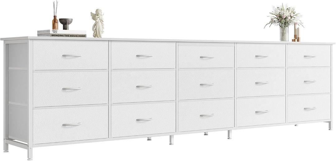 Huuger 78.7 inch Long Dresser for Bedroom, 15 Drawer Fabric Dresser for Closet, Large TV Stand for 65, 75, 85 inch TV, Wide Chest of Drawer with Storage, 78.7" W x 12.9" D x 26.7" H, White