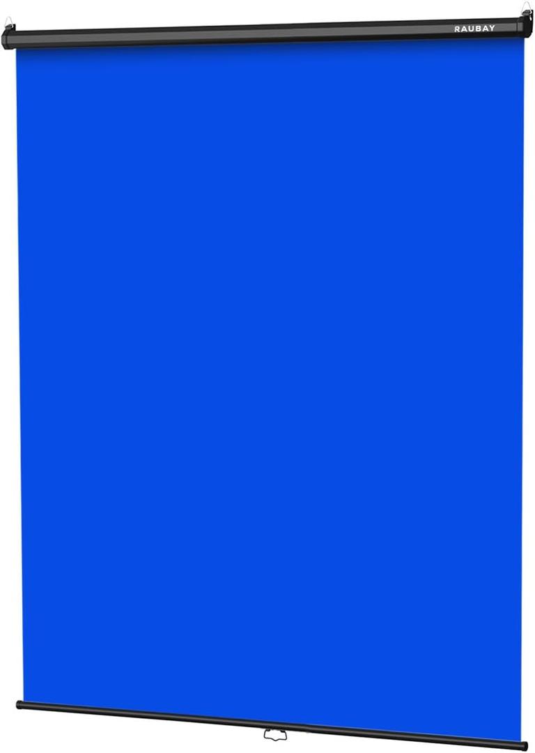 RAUBAY Retractable Pull Down Blue Screen - 59.8" x 86.6" Collapsible Wall-Mount Background for Professional Video Production, Chroma Key Backdrop for YouTube, TikTok, Streaming, Video Conferencing