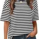 MEROKEETY Women's 2026 Summer Short Sleeve Tops Casual Colourful Striped Crewneck Loose Work T Shirts Blouses, Blackwhite, S