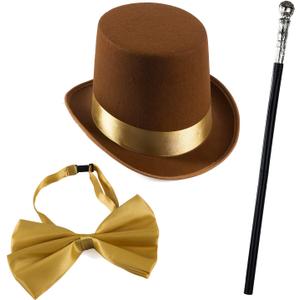 Tigerdoe Brown Top Hat and Bow Tie with Walking Scepter- 3 Pc Chocolate Factory Costume Set - Steampunk Top Hat Brown