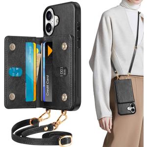 TUCCH Crossbody Wallet Case for iPhone 16 (6.1") 2024, RFID Blocking [6 Card Slots][Adjustable Detachable Lanyard], Magnetic Flip Wallet PU Leather Shockproof Phone Cover for iPhone 16, Textured Black